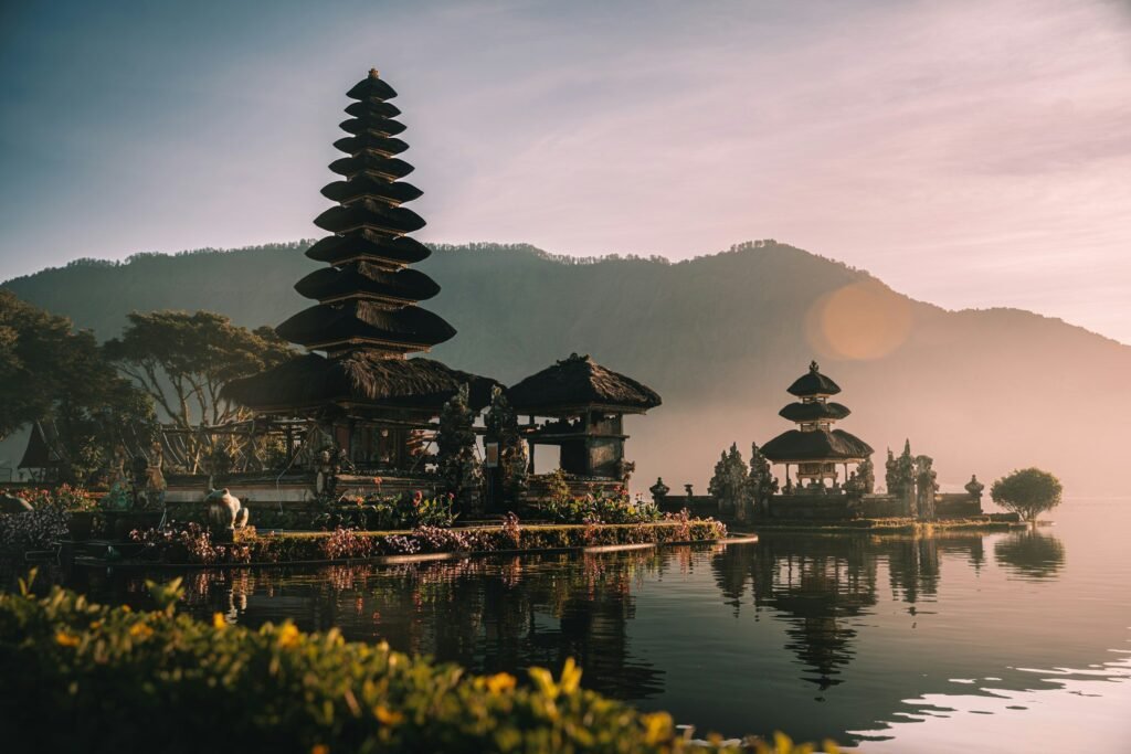 Pura Ulun Danu Bratan, the lake temple in Bali's central highlands, at dawn