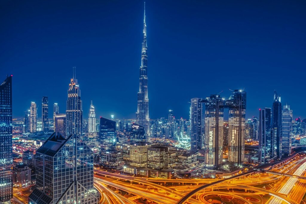 The Burj Khalifa and Downtown Dubai lit up at night