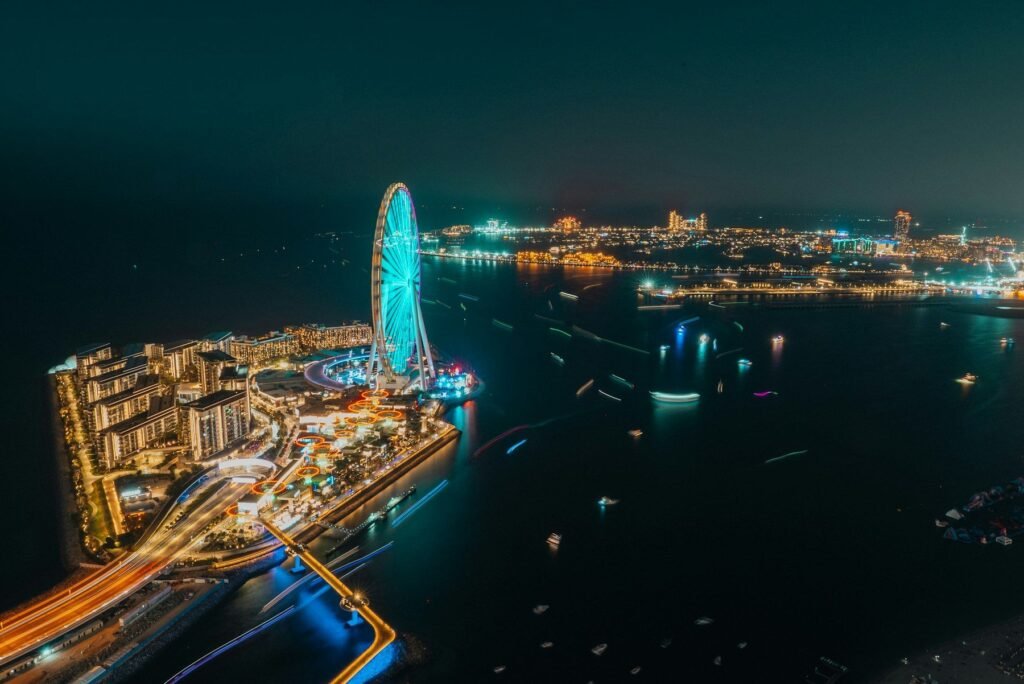 Aerial view of Bluewaters Island and Ain Dubai at night