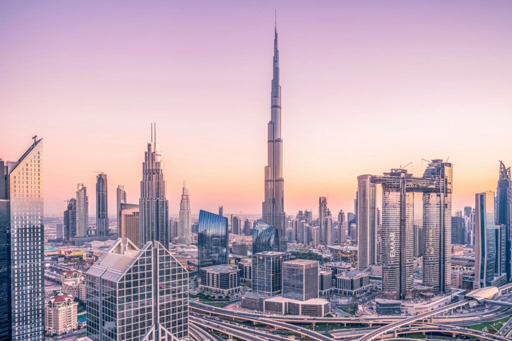 Dubai skyline with the Burj Khalifa at dawn