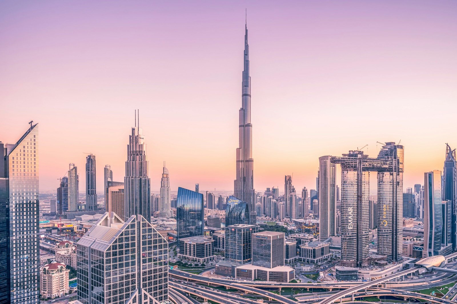 Dubai skyline with the Burj Khalifa at dawn