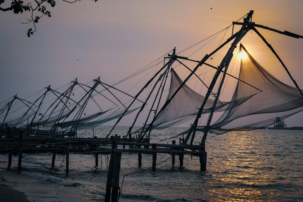 Chinese fishing nets at sunset, Fort Kochi