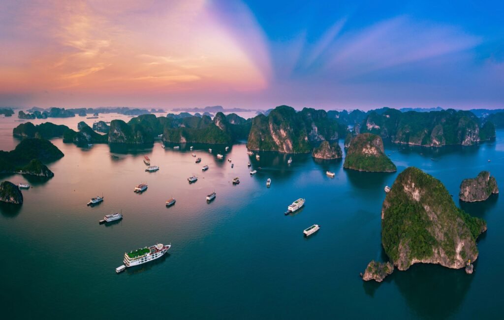 Karst islands of Ha Long Bay, Vietnam, at sunset