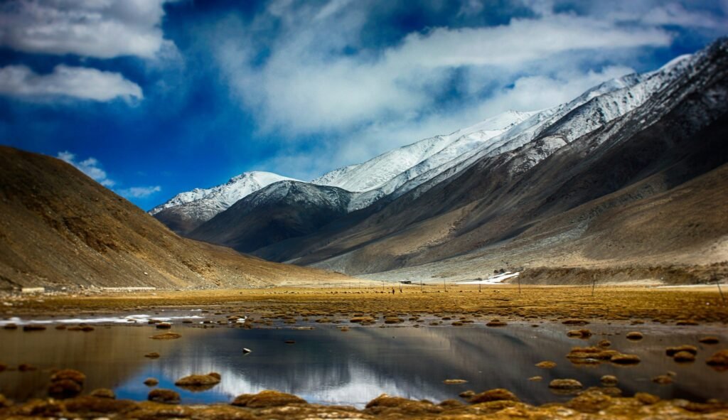 Snow-capped Ladakh peaks reflected in a high-altitude lake