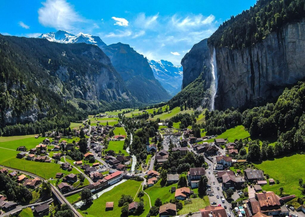 Lauterbrunnen village and Staubbach Falls in the Bernese Oberland, Switzerland