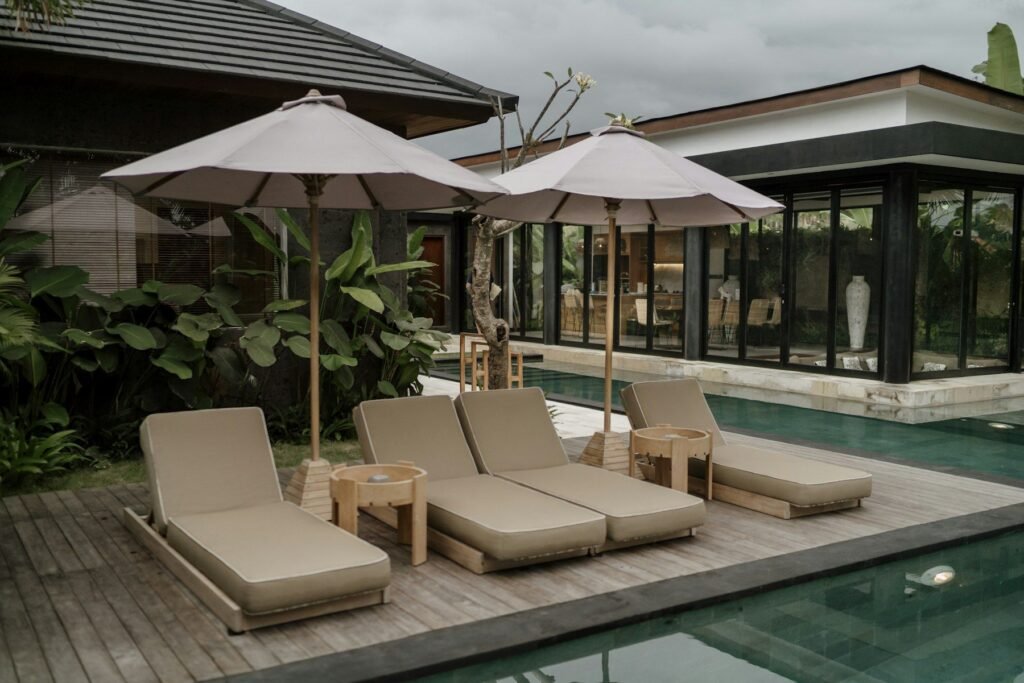 Pool loungers at a villa in Ubud, Bali